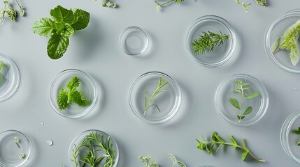 Poster - Flat lay composition with Petri dishes and plants on light grey background : Generative AI