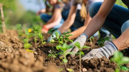 Aufkleber - A group of volunteers planting saplings in a barren landscape, symbolizing hope and renewal in environmental conservation efforts.