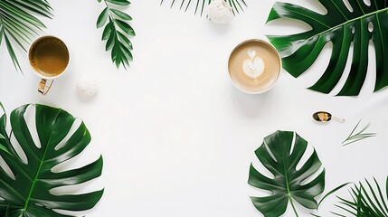 Aufkleber - Flat lay blogger workspace mockup with tropical leaves  coffee and accessories on white background Copy space : Generative AI