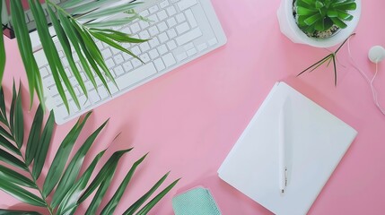 Aufkleber - Office table desk with computer  green leaves palm clipboard Magazines social media Top view Flat lay Home office workspace Womens fashion accessories isolated on pink background : Generative AI