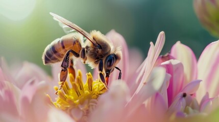 Poster - A macro shot of a honeybee collecting nectar from a flower, highlighting the vital role of pollinators in the ecosystem and the beauty of symbiotic relationships in nature.