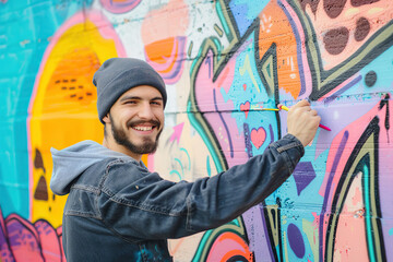 Wall Mural - Street artist drawing graffiti, looking to the wall with his paintings. Stylish young man, graffiti artist painting artwork outdoors. Urban painter made big street art. Entertainment, youth subculture