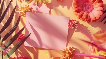Poster - Creative layout made of flowers and leaves with paper card note Flat lay Nature concept : Generative AI