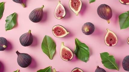 Poster - Fresh ripe figs with green leaves on pink background flat lay : Generative AI
