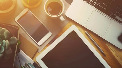 Aufkleber - Office desk workplace with blank screen tablet and smart phone laptop pen and cup of coffee Top view flat lay with copy space : Generative AI