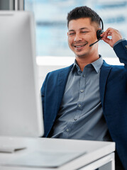 Poster - Customer service, contact us and man consultant in office for online crm consultation with headset. Technology, technical support and male call center or telemarketing advisor working on computer.