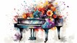 Abstract and colorful illustration of a piano on a white background with flowers