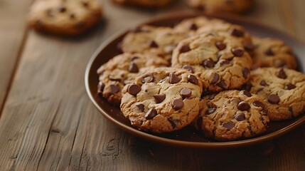 Poster - Plate of tasty cookies with chocolate chips on wooden background : Generative AI