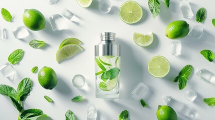 Poster - Flat lay composition with lime mint and shaker on light background Refreshing beverage ingredients : Generative AI