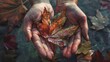 A pair of hands holding a fallen leaf with tender care, its intricate details and vibrant colors symbolizing the fleeting beauty and ephemeral nature of life.