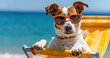 a dog wearing sunglasses, lying on a beach chair at the sea shore and relaxing in the sunlight during summer vacation