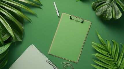 Aufkleber - Home office workspace mockup with laptop clipboard palm leaf notebook and accessories Flat lay top view : Generative AI