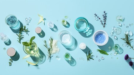Poster - Spa treatment Flat lay composition with laboratory glassware and ingredients for organic cosmetic product on light blue background Banner design : Generative AI