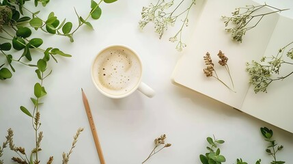 Wall Mural - Cup of coffee with milk sketchbook pencil green leaves and dried flowers Overhead view Isolated on white Flat lay top view : Generative AI