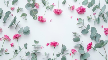 Aufkleber - Flowers composition Eucalyptus leaves and pink flowers on white background Flat lay top view : Generative AI