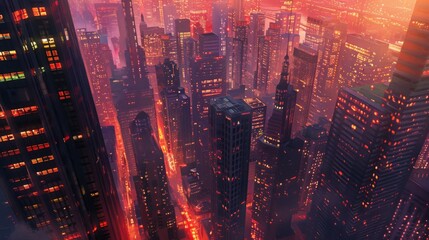 Aufkleber - A panoramic view of skyscrapers towering above a city skyline, their windows aglow with the warm glow of streetlights and bustling activity below.
