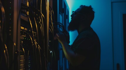 Poster - A cloud expert in the data center configures the server for correct operation. Setting up a mining farm
