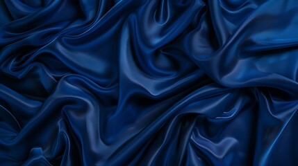 Poster - Dark blue silk satin Soft folds Fabric Navy blue luxury background Space for designWavy lines Banner Flat lay top view table Beautiful Elegant Birthday Christmas Valentines Day : Generative AI