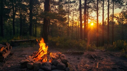 Poster - A peaceful forest scene illuminated by the warm glow of sunset, with a controlled campfire burning safely in a designated area, illustrating responsible fire management practices.