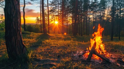 Poster - A peaceful forest scene illuminated by the warm glow of sunset, with a controlled campfire burning safely in a designated area, illustrating responsible fire management practices.