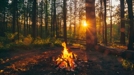 Poster - A peaceful forest scene illuminated by the warm glow of sunset, with a controlled campfire burning safely in a designated area, illustrating responsible fire management practices.