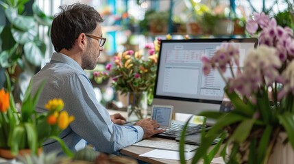 Poster - accountant managing financial data on a computer amidst the tranquility of a flower-filled setting