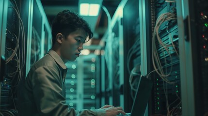 Aufkleber - An attentive IT specialist solves network connection problems and configures servers to ensure fast and reliable operation of the computer system. A man of Asian appearance