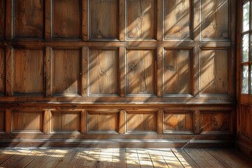 Poster - Evoking historical elegance, this image shows intricate wooden wall paneling bathed in soft light and shadows