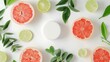 White empty podium for display cosmetic product of natural essential oils extract Fresh pink pomelo slices and citrus green leaves and fresh lemongrass Top view flat lay Copy space : Generative AI