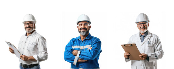 Set of Confident mature engineer in white hardhat with clipboard on transparency background PNG
