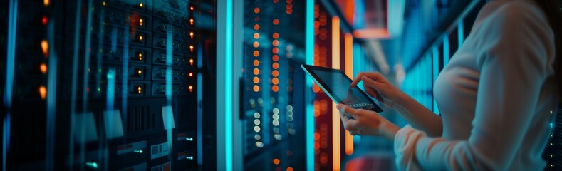 Poster - A female engineer is actively involved in protecting and storing information in cloud storage, identifying and fixing potential vulnerabilities to ensure data security in a data center with a tablet