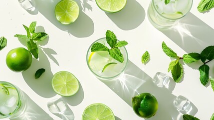 Poster - Flat lay composition with lime mint and shaker on light background Refreshing beverage ingredients : Generative AI