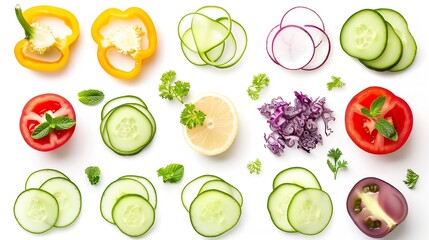 Wall Mural - flat lay composition of fresh raw various colorful sliced vegetables isolated on white background top view : Generative AI