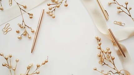 Aufkleber - feminine home office workspace mockup with branches golden pen clips and beige ribbon flat lay top view : Generative AI