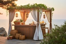 Sunset Canvas: Mediterranean Seaside Gazebo Decors Feat. Outdoor Bar Cart