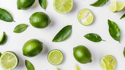 Aufkleber - Lime fruits with slices and green leaves isolated on white background Top view Flat lay : Generative AI