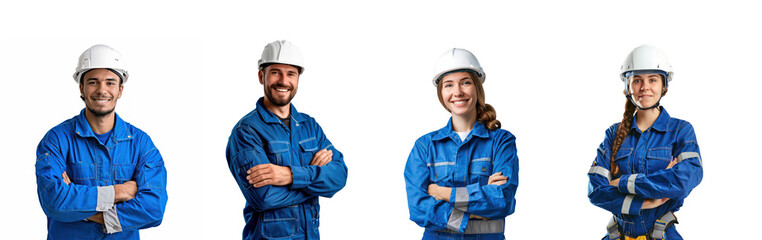 Set of smiling cross-armed male engineer in blue workwear and safety on transparency background PNG
