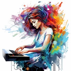 Wall Mural - Abstract and colorful illustration of a woman playing keyboard on a white background