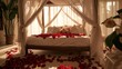 A romantic bedroom setting with rose petals scattered on a canopy bed, creating an atmosphere of intimacy and love.