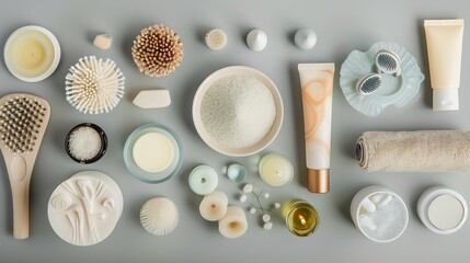 Poster - Various spa related objects on gray background top view Body and skin care flat lay with copy space Beauty care concept : Generative AI