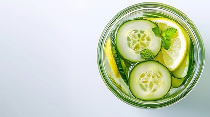 Aufkleber - Health care fitness healthy nutrition diet concept Fresh cool lemon cucumber mint infused water cocktail detox drink lemonade in a glass jar Light copy space top view flat lay backgrou : Generative AI