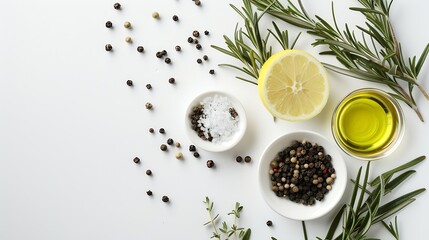 Aufkleber - Bunch of green fresh rosemary with pepper salt lemon and oil on the light white background Herbs and spices for recipes Top view with copy space : Generative AI