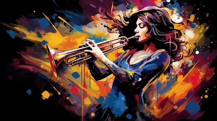 Wall Mural - Abstract and colorful illustration of a woman playing trumpet on a black background