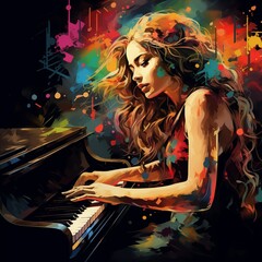 Wall Mural - Abstract and colorful illustration of a woman playing piano on a black background