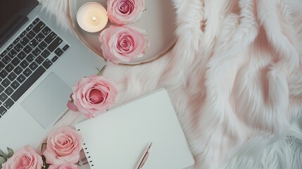 Aufkleber - Freelance fashion comfortable feminine workspace in flat lay style with laptop vintage tray roses candles notebook and pen on white fur background Top view flat lay Freelance concept : Generative AI