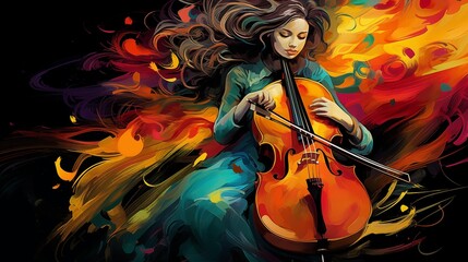 Wall Mural - Abstract and colorful illustration of a woman playing cello on a black background