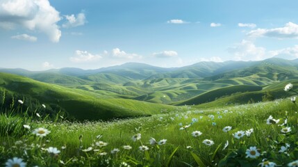 Poster - A serene countryside scene with rolling hills covered in lush grass, dotted with wildflowers and framed by a clear blue sky, a picturesque rural landscape.