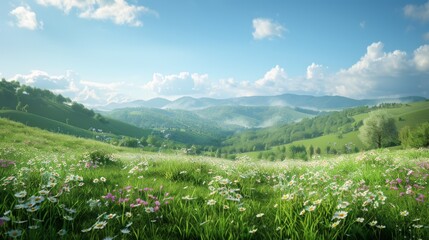 Poster - A serene countryside scene with rolling hills covered in lush grass, dotted with wildflowers and framed by a clear blue sky, a picturesque rural landscape.