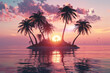 tropical island with palm trees and the sun in a sunset sky background. minimal summer vacation concept design