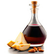 Tempranillo in a glass decanter deep crimson color served with a wedge of manchego cheese